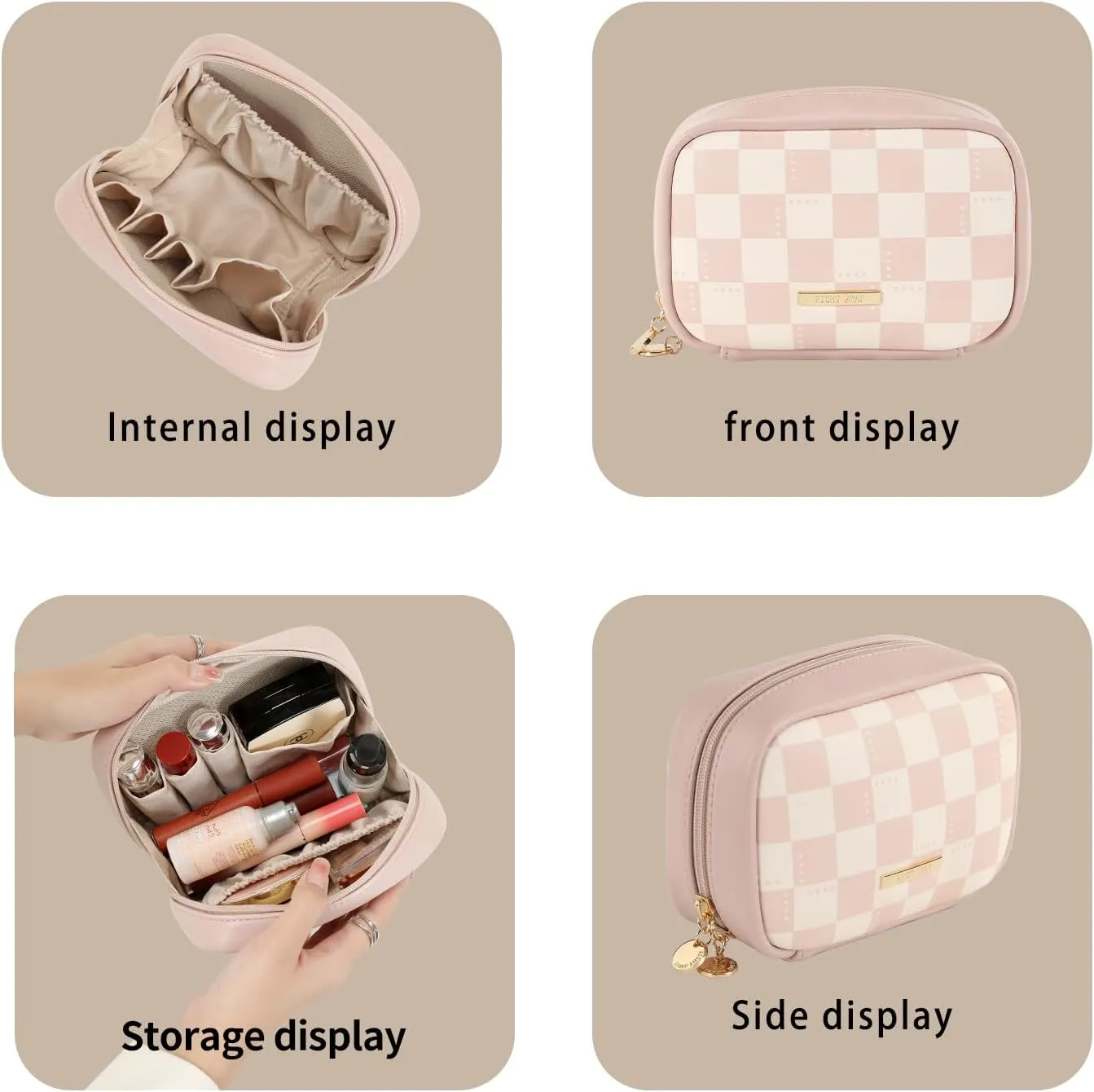 RIGHT AWAY Makeup Bag,Travel Cosmetic Bag Organizer with Zipper,Waterproof Toiletry Bags Makeup Pouch for Purse, Small Make Up Bag &Cases with Compartments for Women GirlsPink Checkerboard