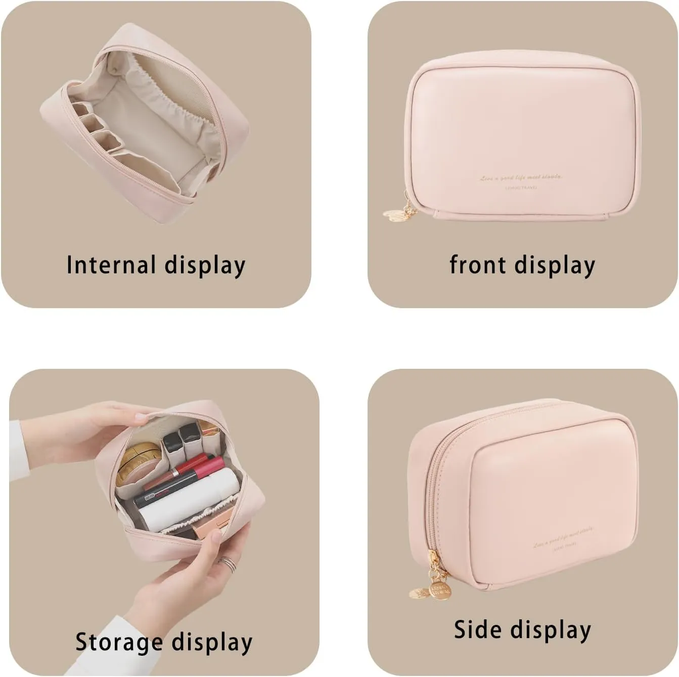 RIGHT AWAY Makeup Bag,Travel Cosmetic Bag Organizer with Zipper,Waterproof Toiletry Bags Makeup Pouch for Purse, Small Make Up Bag &Cases with Compartments for Women GirlsPink