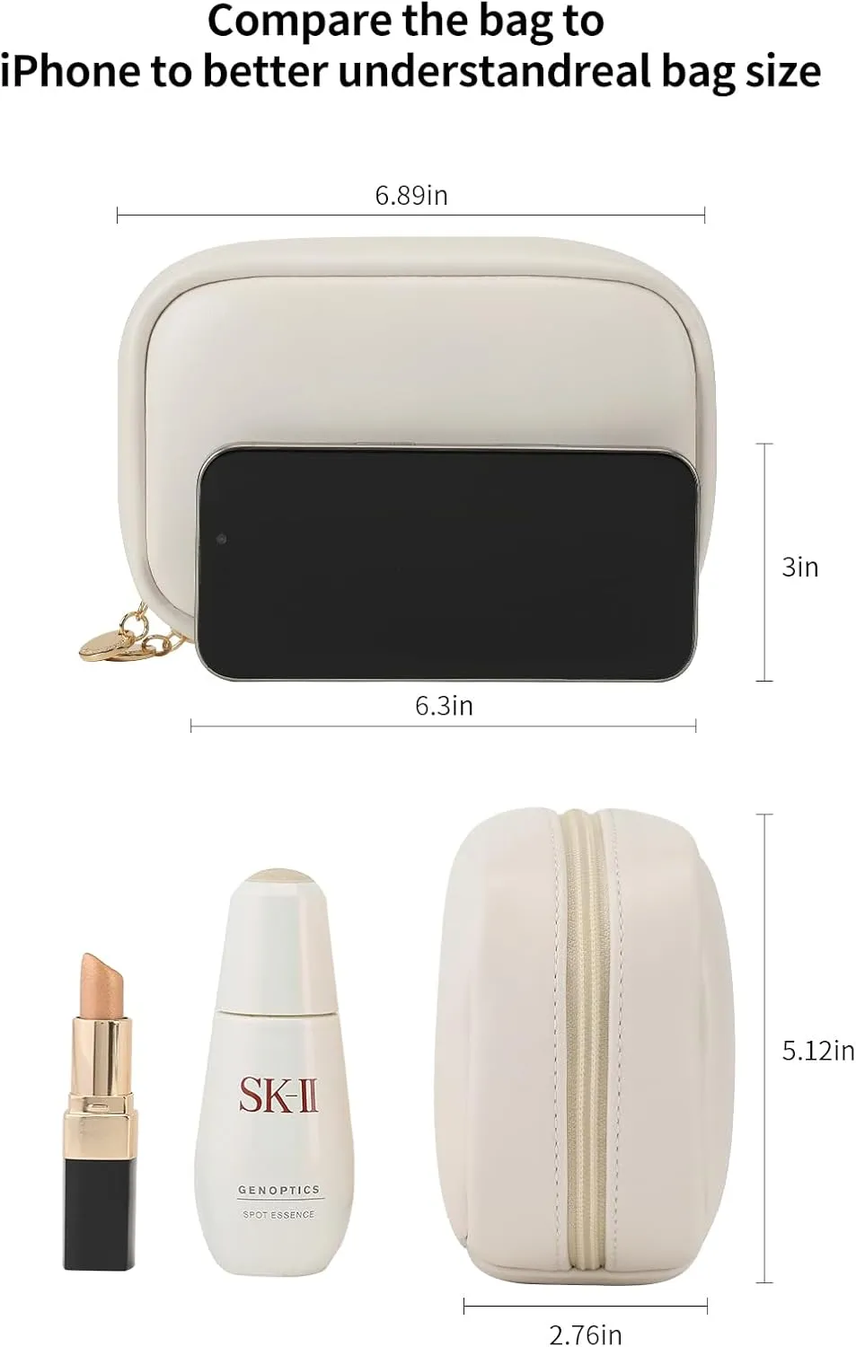RIGHT AWAY Small Makeup Bag, Cute Cosmetic & Multifunctional Storage Organizer, Mini Travel Toiletry Bag with Gold Zipper, Leather Waterproof Case for WomenWhite