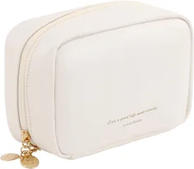 RIGHT AWAY Small Makeup Bag, Cute Cosmetic & Multifunctional Storage Organizer, Mini Travel Toiletry Bag with Gold Zipper, Leather Waterproof Case for WomenWhite