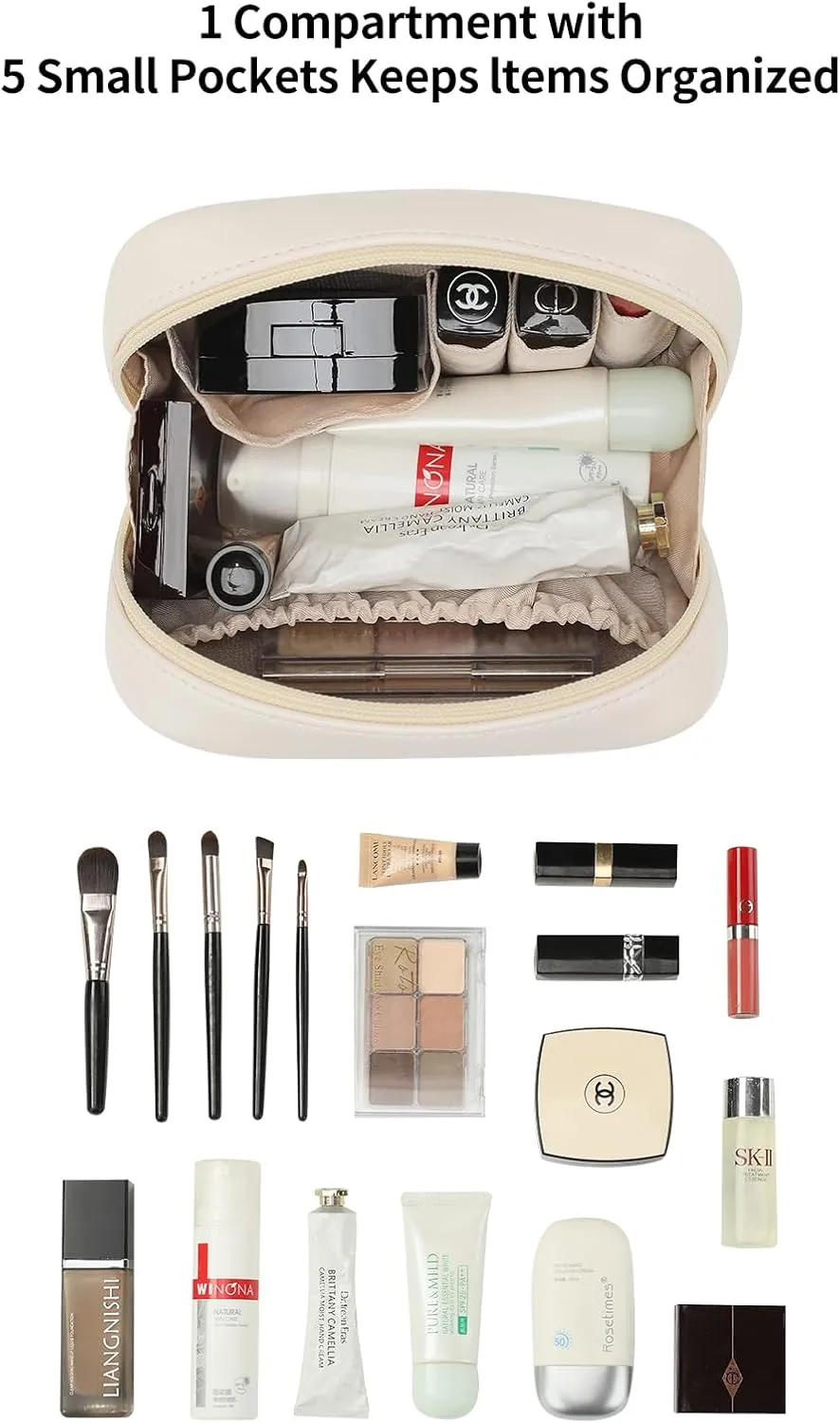 RIGHT AWAY Small Makeup Bag, Cute Cosmetic & Multifunctional Storage Organizer, Mini Travel Toiletry Bag with Gold Zipper, Leather Waterproof Case for WomenWhite