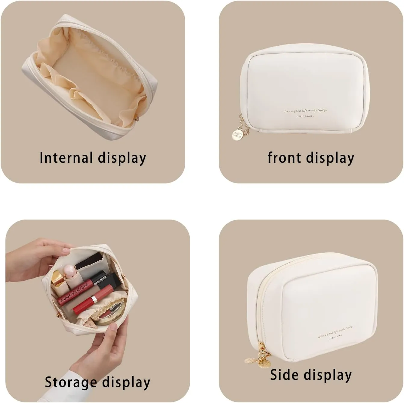RIGHT AWAY Small Makeup Bag, Cute Cosmetic & Multifunctional Storage Organizer, Mini Travel Toiletry Bag with Gold Zipper, Leather Waterproof Case for WomenWhite