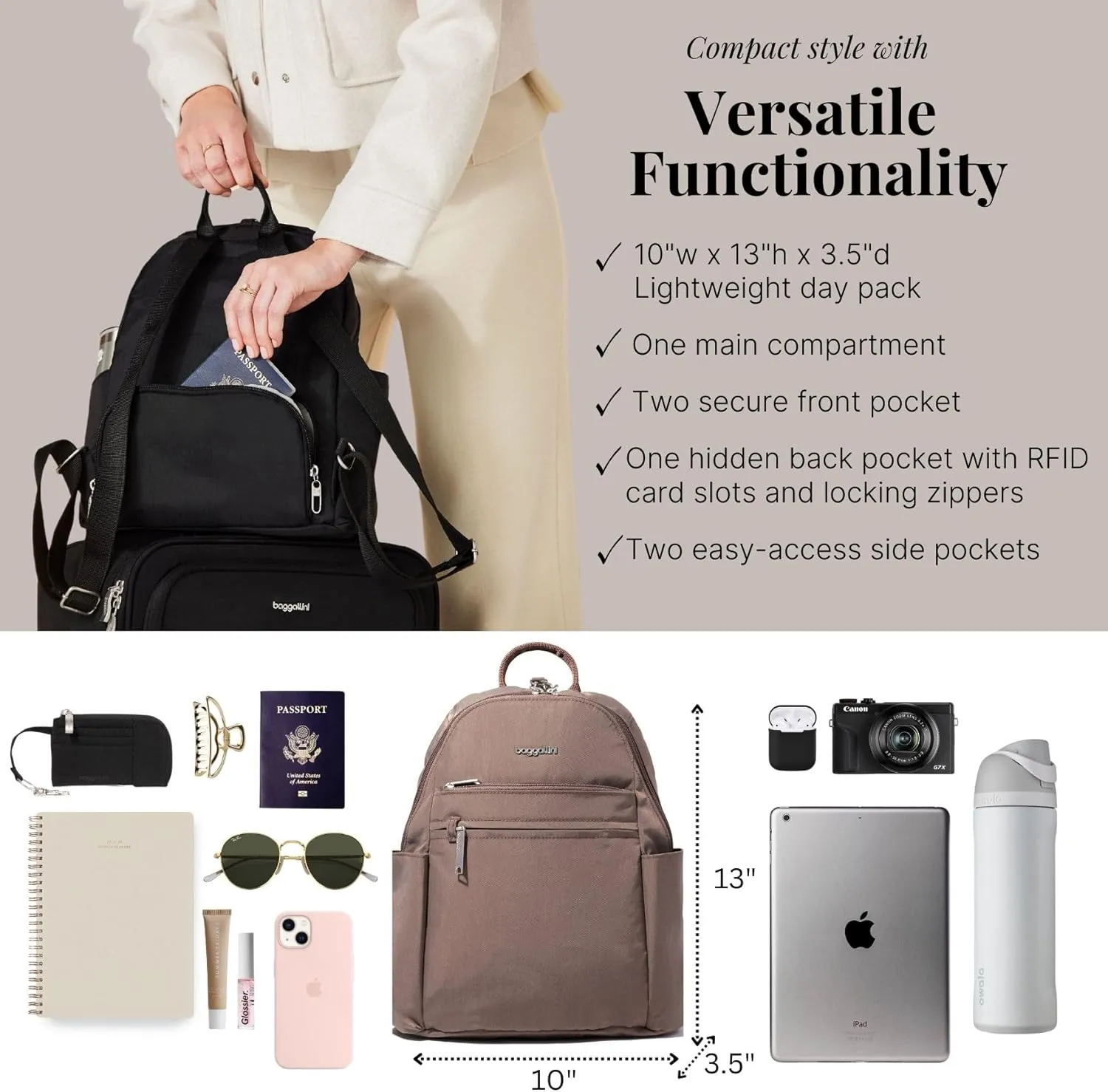 Securtex Anti-theft Vacation Travel Backpack 10x13" Slash-Resistant Nylon Daypack w/RFID, Portobello