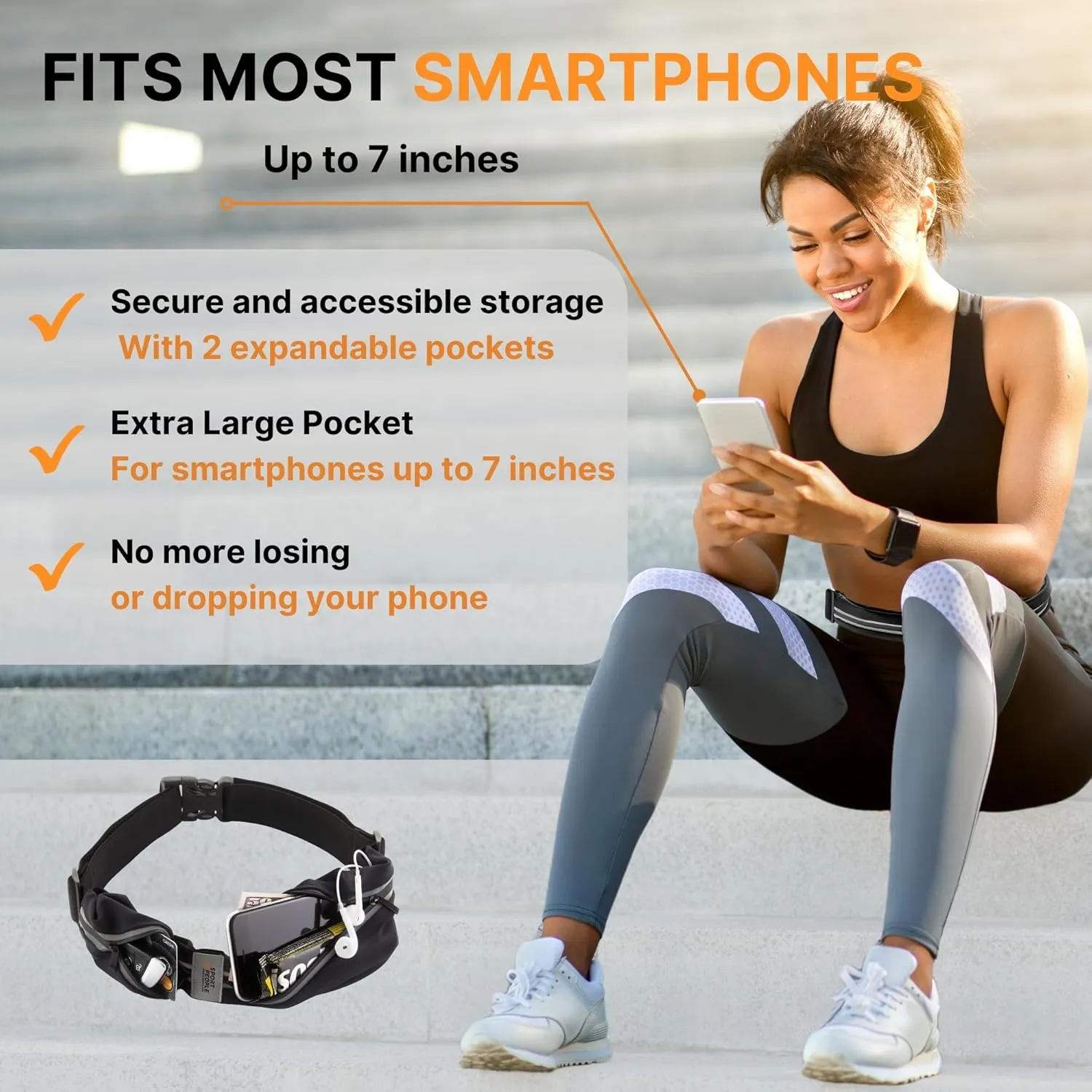 Slim Running Belt for Women and Men, Waterproof Phone Holder for Running, Reflective 2-Pocket Waist Pack for Storing Runners Essentials Safely, Runners Fanny Pack, Money Belt Fits Most Phones