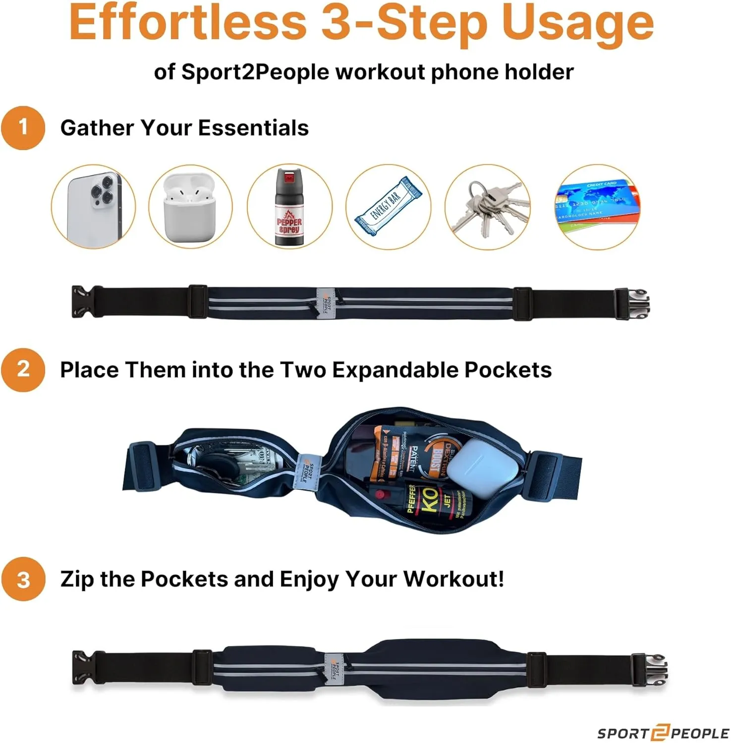 Slim Running Belt for Women and Men, Waterproof Phone Holder for Running, Reflective 2-Pocket Waist Pack for Storing Runners Essentials Safely, Runners Fanny Pack, Money Belt Fits Most Phones