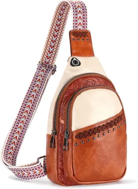Sling Bag Crossbody Bags for Women Trendy Leather Fanny Packs Chest Bag Sling Crossbody Backpack for Travel (Brown with White)