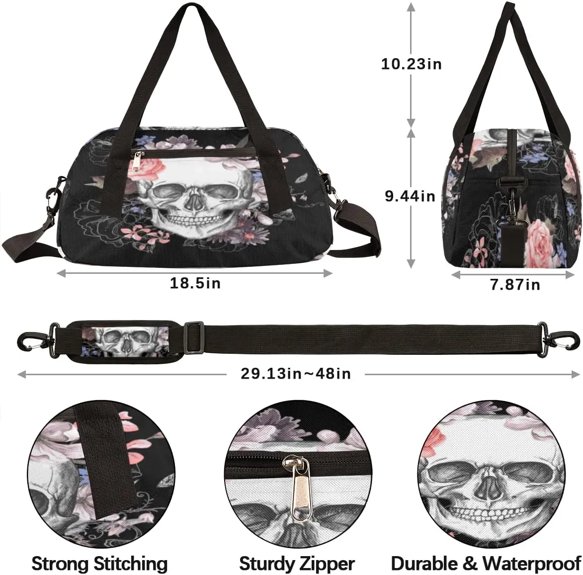 Sugar Skull Flower Halloween Gym Duffel Bag for Women & Men, Small Travel Sports Overnight Weekender Workout Dance Bag for Boys & Girls
