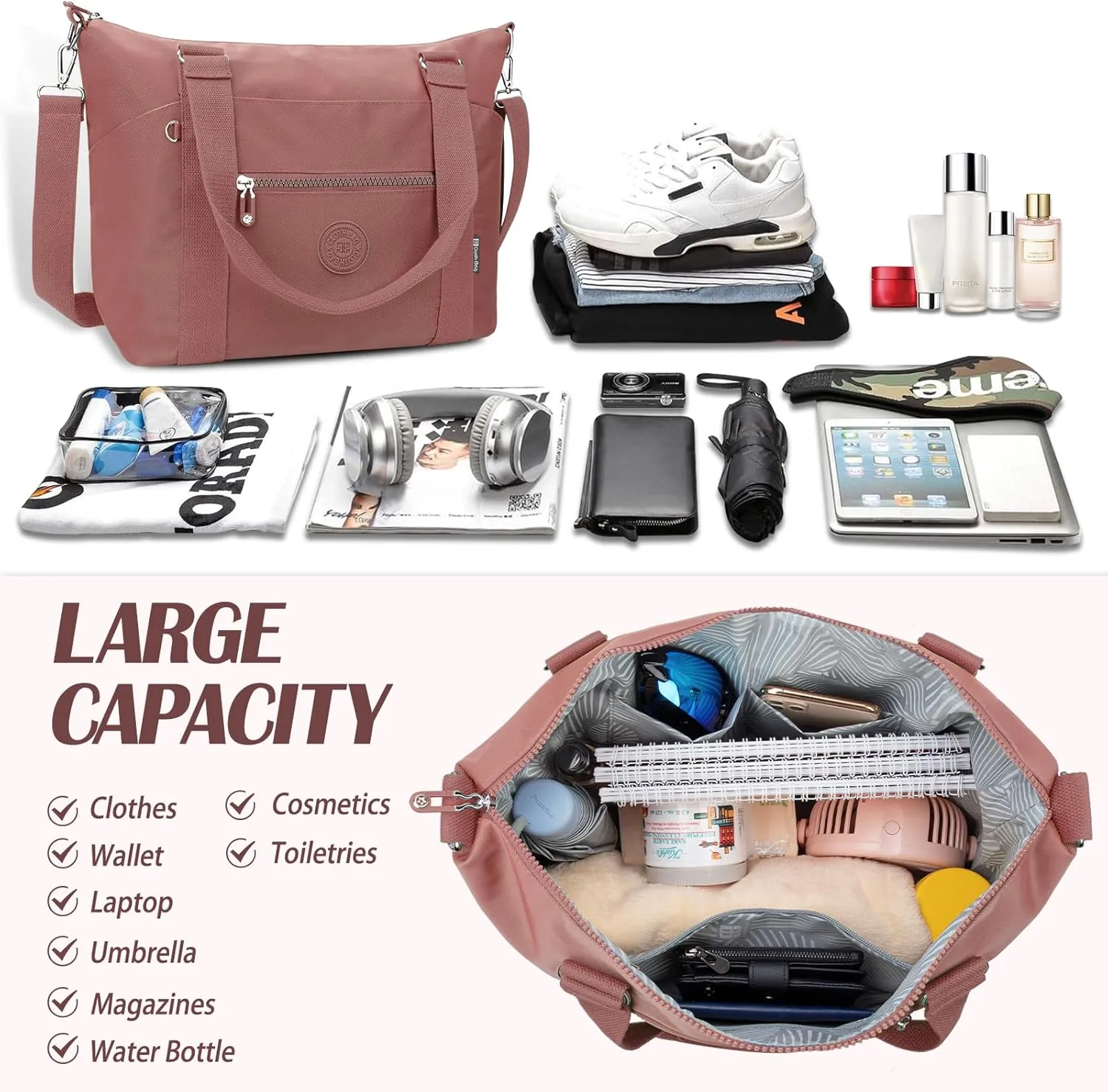 Travel Gym Duffel Bag for Women, Waterproof Nylon Weekender Overnight Bag Personal Item Carry on Bags for Airplanes Hospital Sports Fitness Dance Mommy Tote