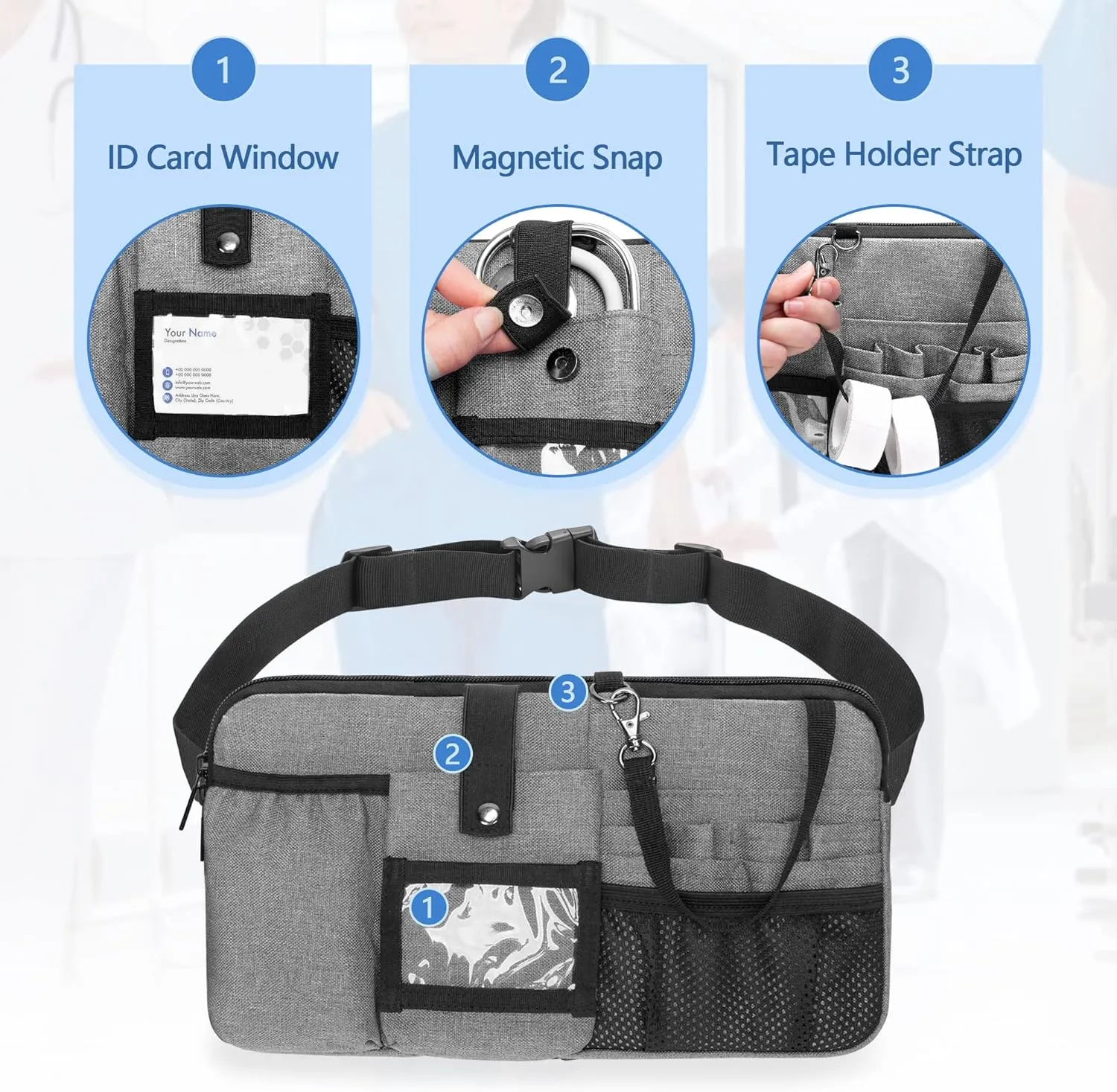 Trunab Utility Nurse Fanny Pack with 12 Essential Tool Pockets, Tape Holder, Adjustable Waist Belt, Medical Organizer Pouch for Nurse, Doctor Grey