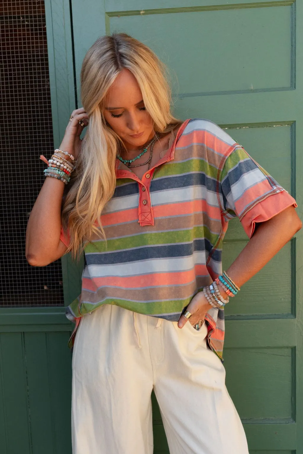 Tulum Striped Henley Top - Orange Multi