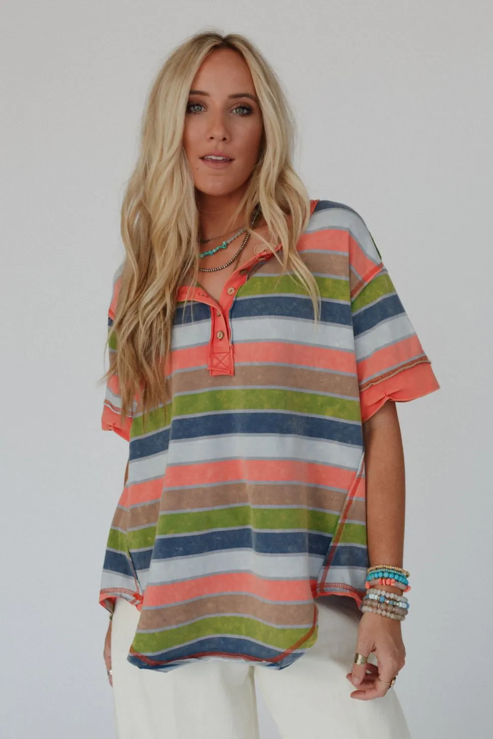 Tulum Striped Henley Top - Orange Multi