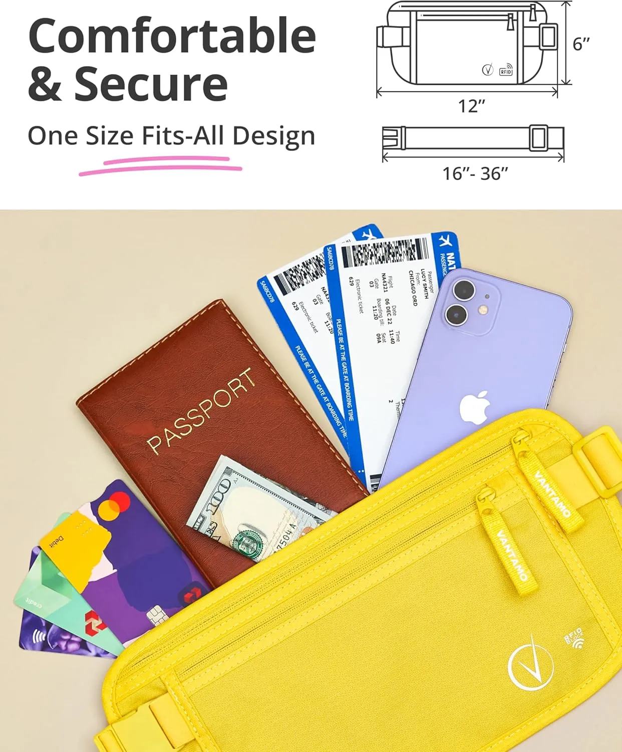 Vantamo Hidden Money Belt For Extra Safety, RFID Ultra-Thin Fanny Pack, 2 Compartment Money Bag Fits Passport & Phone