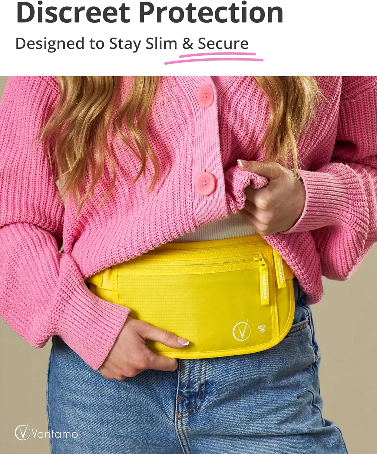 Vantamo Hidden Money Belt For Extra Safety, RFID Ultra-Thin Fanny Pack, 2 Compartment Money Bag Fits Passport & Phone