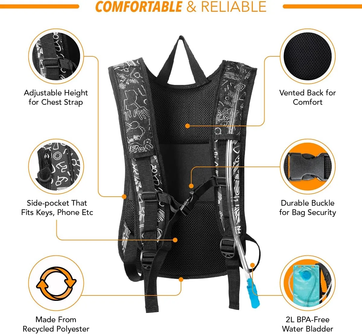 Vibe Festival Gear Hydration Pack Backpack with 2L Water Bladder for Women, Men, Teens, Kids - Hydropack Hydro Sports, Outdoor, Running, Camping, Hiking, Festivals, Raves