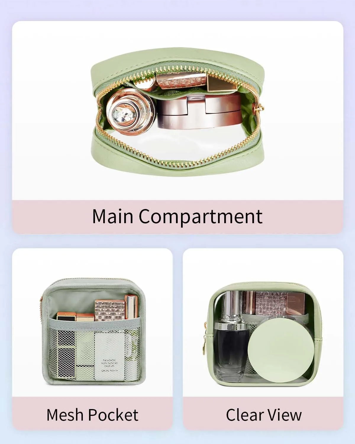 Wandering Nature Clear Makeup Bag for Purse Mini Make up Cute Cosmetic Bag Pouch for Women with Slip-in Pockets Travel Toiletry Essentials Eco Vegan Leather Organizer Bags(Patent Pending)