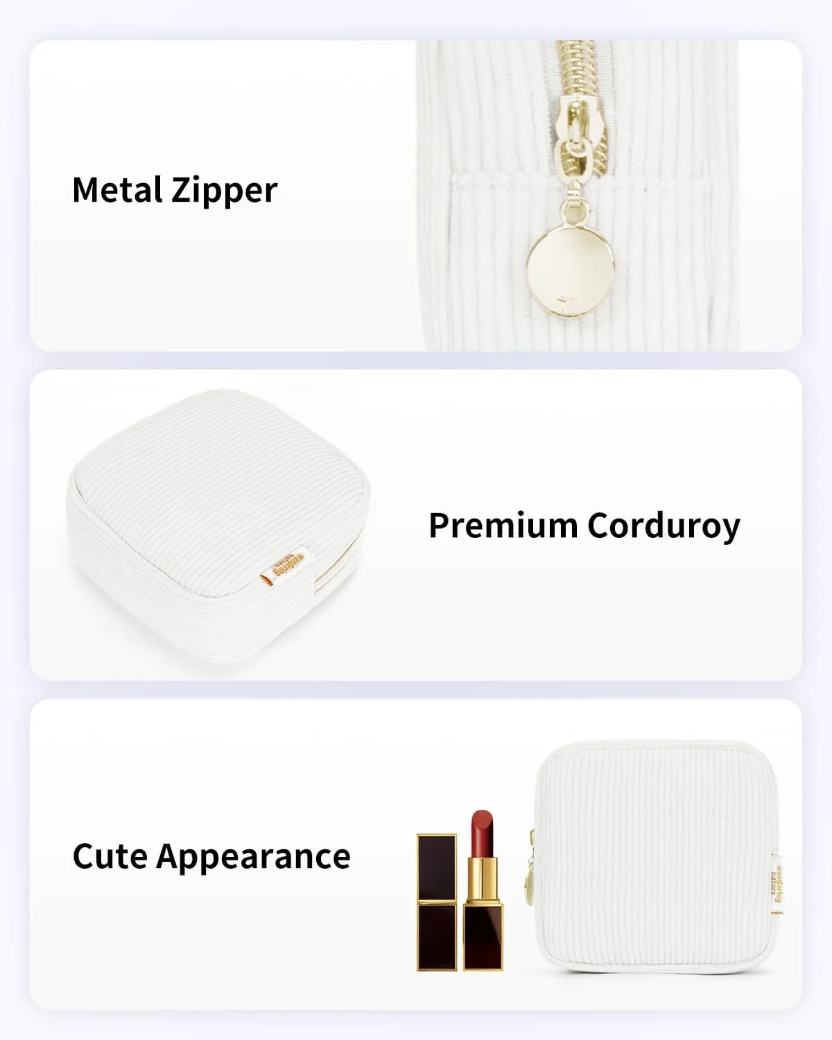 Wandering Nature Small Makeup Bag for Purse Mini Make up Pouch Cute Cosmetic Pouch for Women with Slip-in Pockets Corduroy, Beige