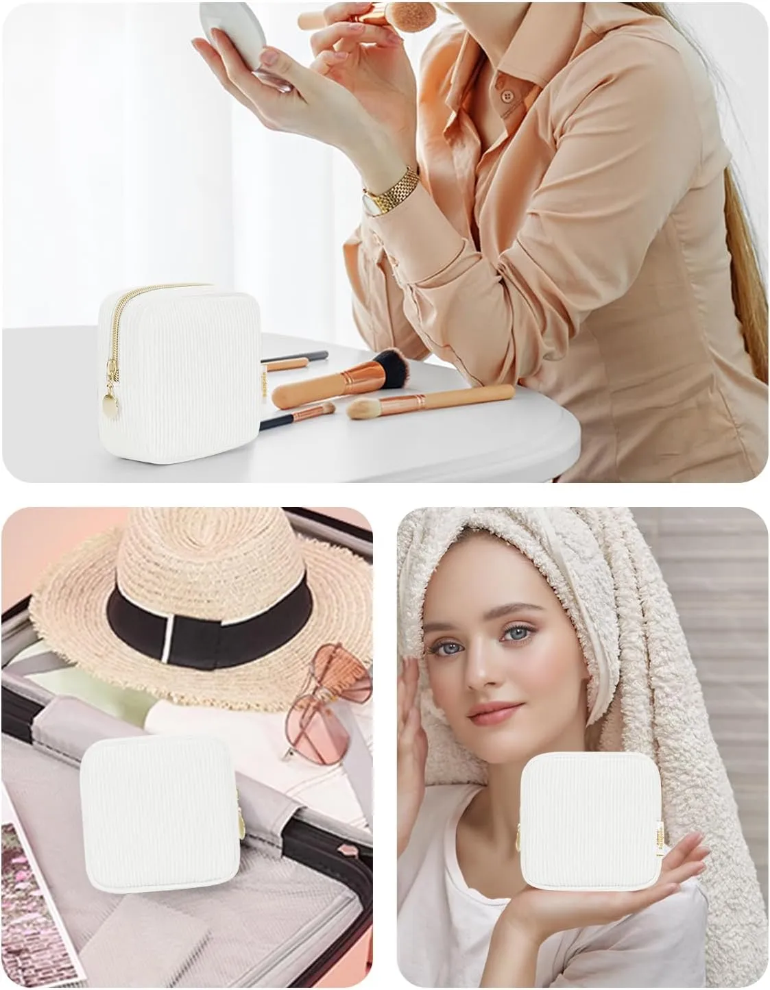 Wandering Nature Small Makeup Bag for Purse Mini Make up Pouch Cute Cosmetic Pouch for Women with Slip-in Pockets Corduroy, Beige