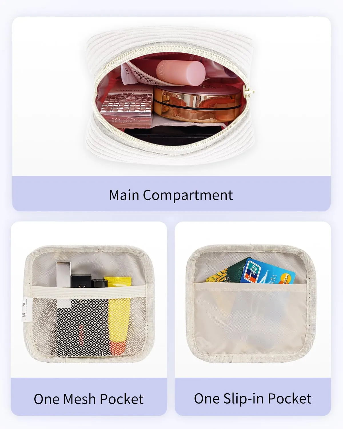 Wandering Nature Small Makeup Bag for Purse Mini Make up Pouch Cute Cosmetic Pouch for Women with Slip-in Pockets Corduroy, Beige