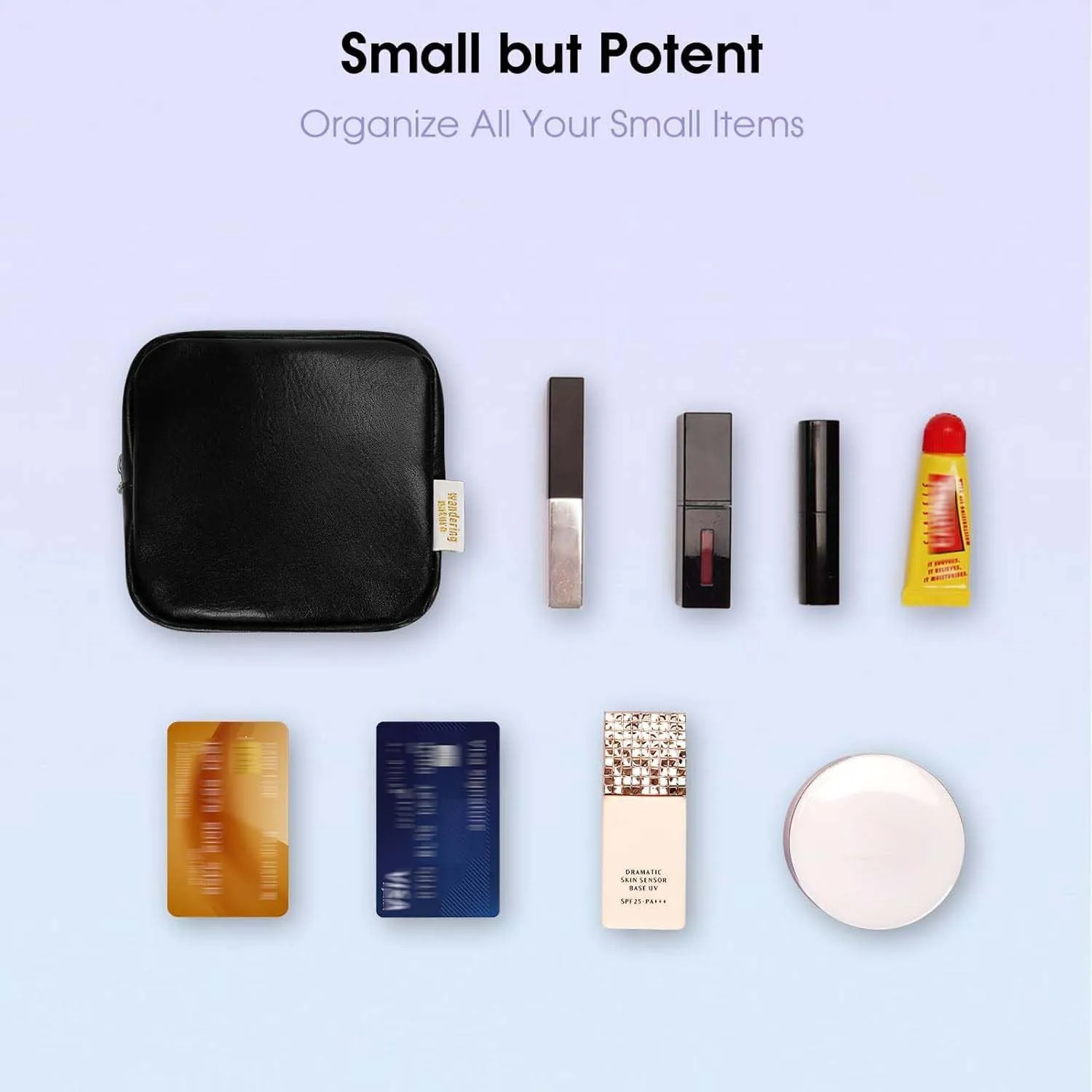 Wandering Nature Small Makeup Bag for Purse Mini Make up Pouch Cute Cosmetic Pouch for Women with Slip-in Pockets Eco Vegan Leather, Black