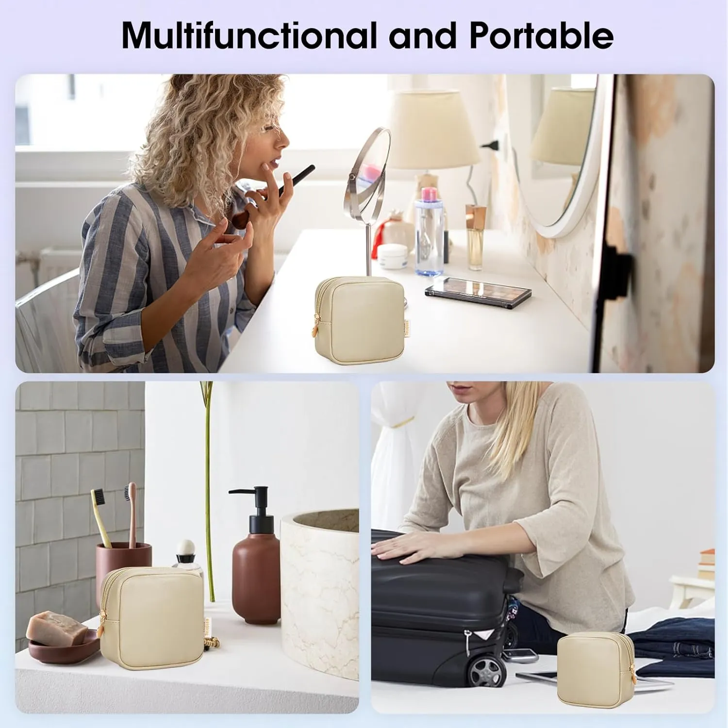 Wandering Nature Small Makeup Bag for Purse Mini Make up Pouch Cute Cosmetic Pouch for Women with Slip-in Pockets Matte Leather, Beige