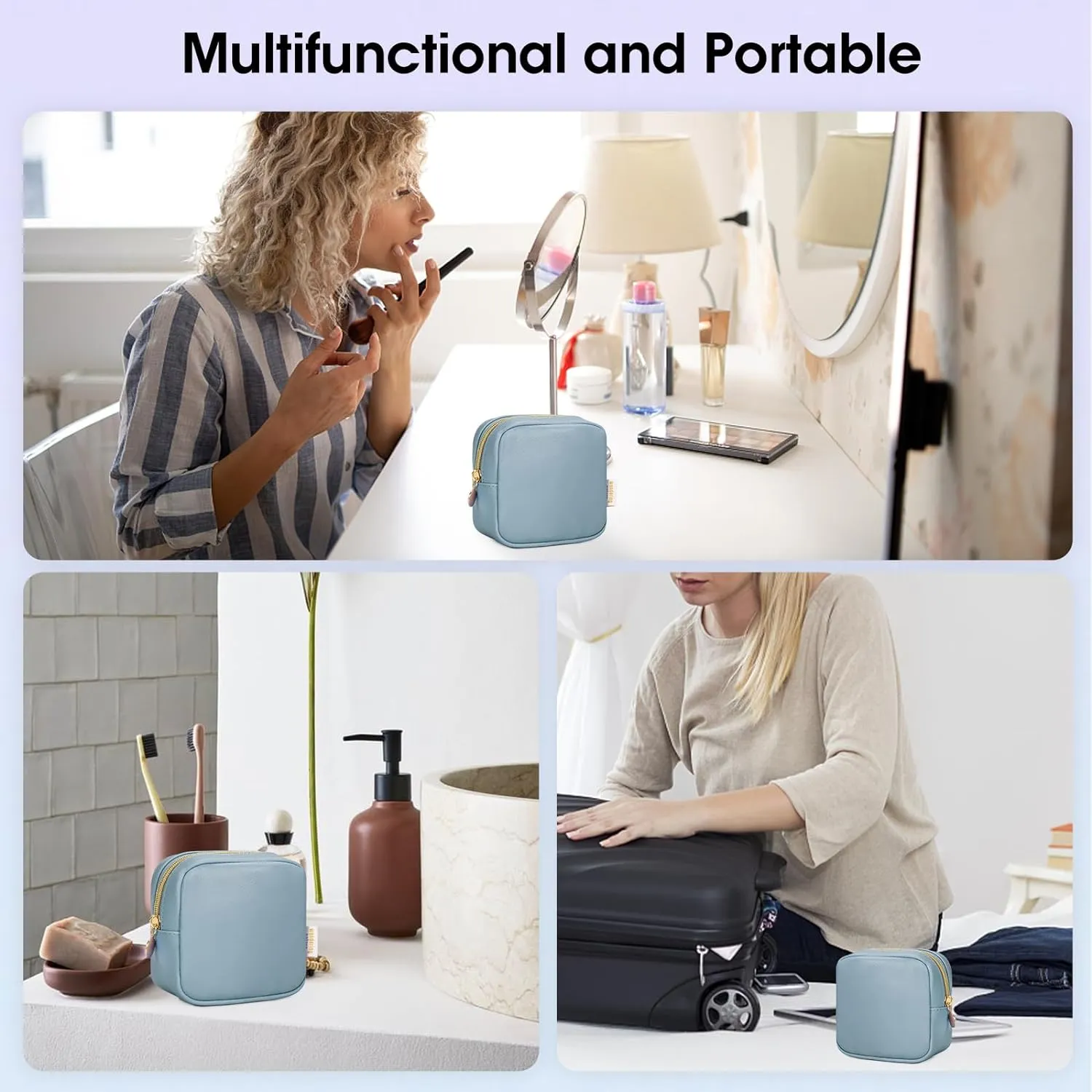 Wandering Nature Small Makeup Bag for Purse Mini Make up Pouch Cute Cosmetic Pouch for Women with Slip-in Pockets Matte Leather, Blue