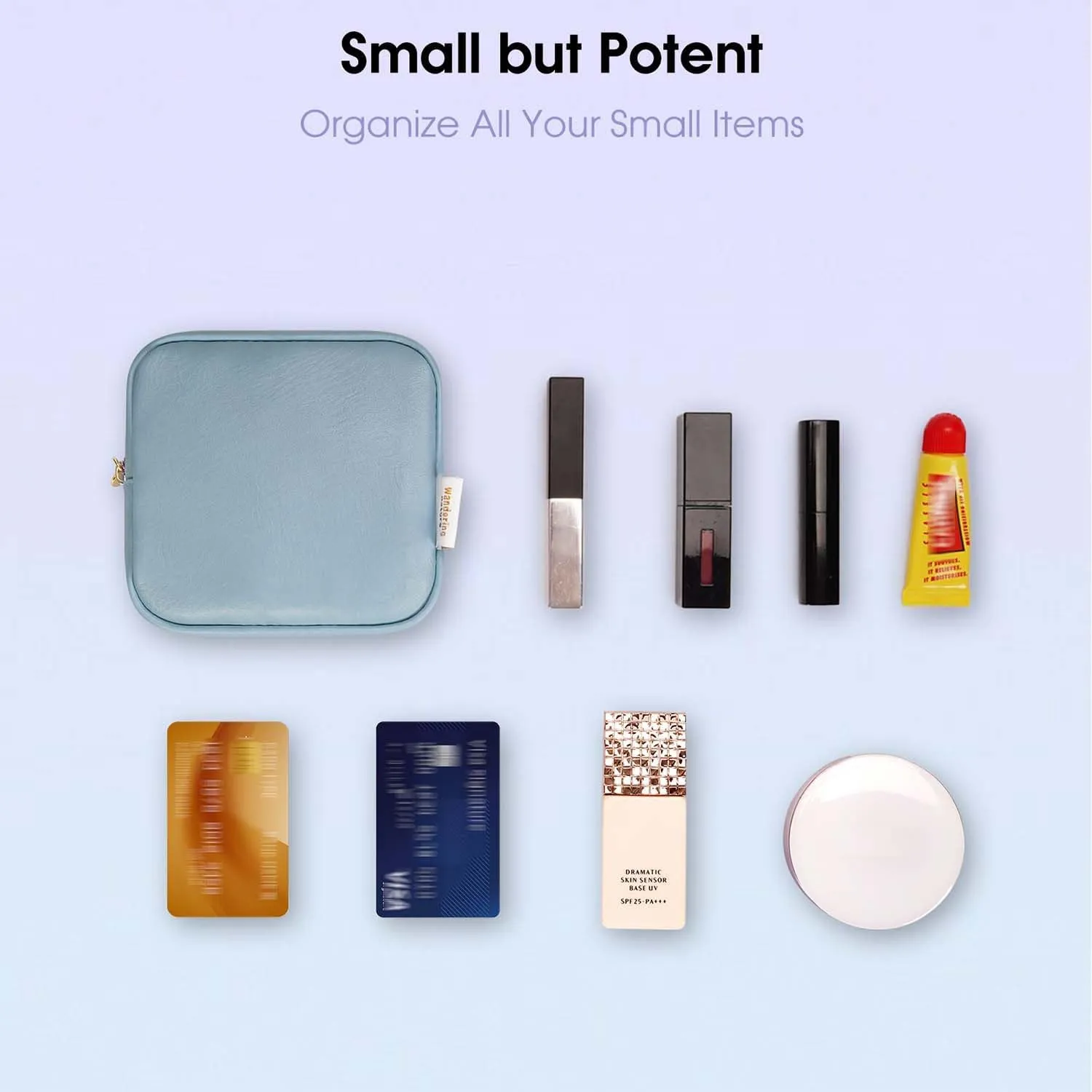 Wandering Nature Small Makeup Bag for Purse Mini Make up Pouch Cute Cosmetic Pouch for Women with Slip-in Pockets Matte Leather, Blue