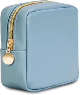 Wandering Nature Small Makeup Bag for Purse Mini Make up Pouch Cute Cosmetic Pouch for Women with Slip-in Pockets Matte Leather, Blue