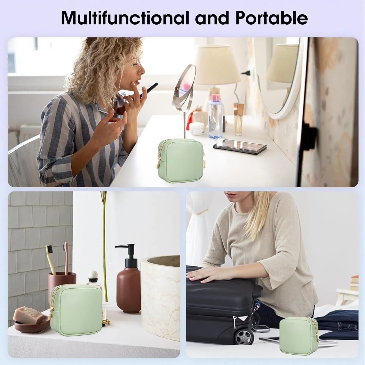 Wandering Nature Small Makeup Bag for Purse Mini Make up Pouch Cute Cosmetic Pouch for Women with Slip-in Pockets Matte Leather, Green