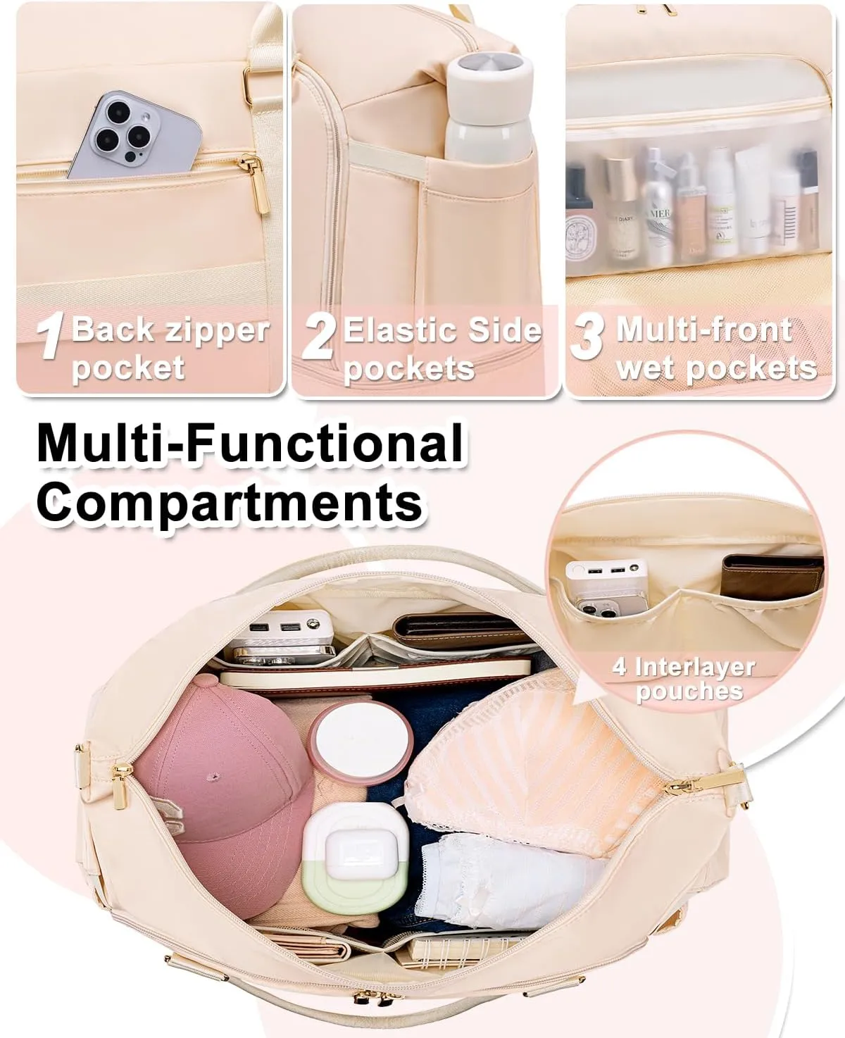 Weitars Gym Duffel Bag - Women's Travel Weekender with Shoes Compartment & Wet Pocket - Large Carry On