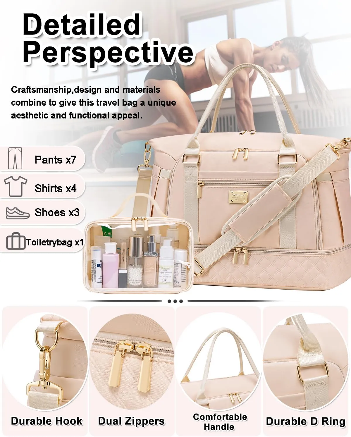 Weitars Gym Duffel Bag - Women's Travel Weekender with Shoes Compartment & Wet Pocket - Large Carry On