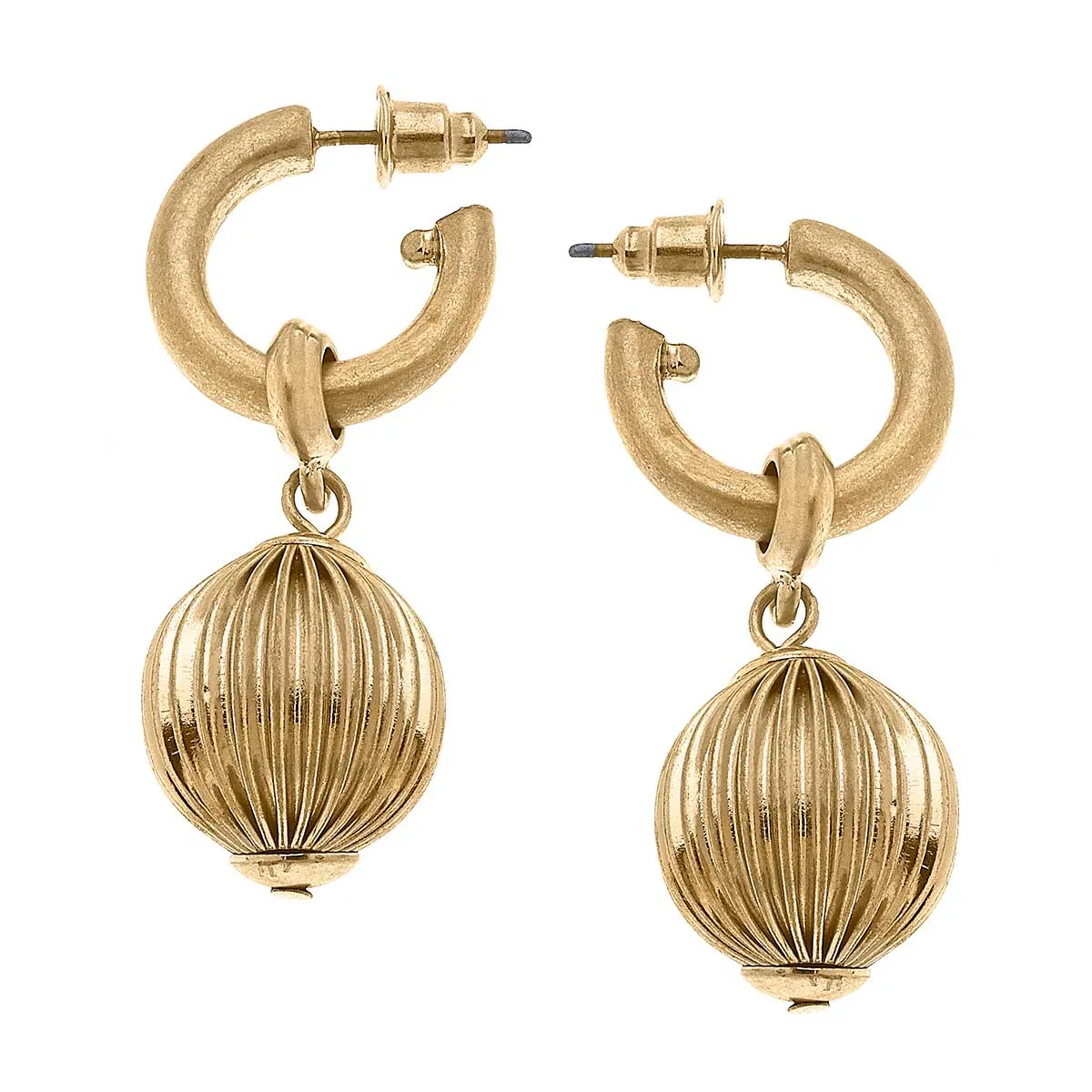 Willa Ribbed Metal Drop Hoop Earrings in Worn Gold