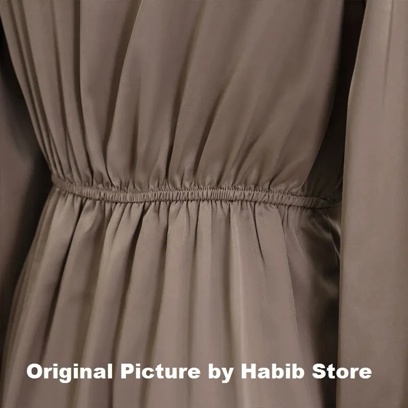 Women Maxi Satin Dress Solid Draped Silk V-Neck Long Sleeve