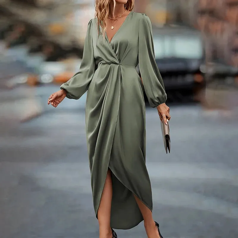 Women Maxi Satin Dress Solid Draped Silk V-Neck Long Sleeve