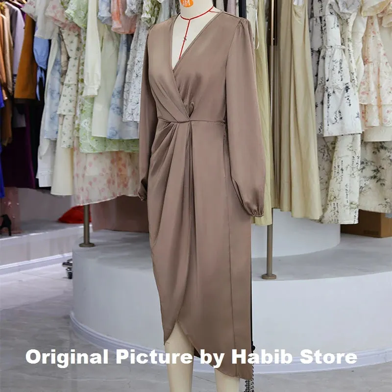 Women Maxi Satin Dress Solid Draped Silk V-Neck Long Sleeve