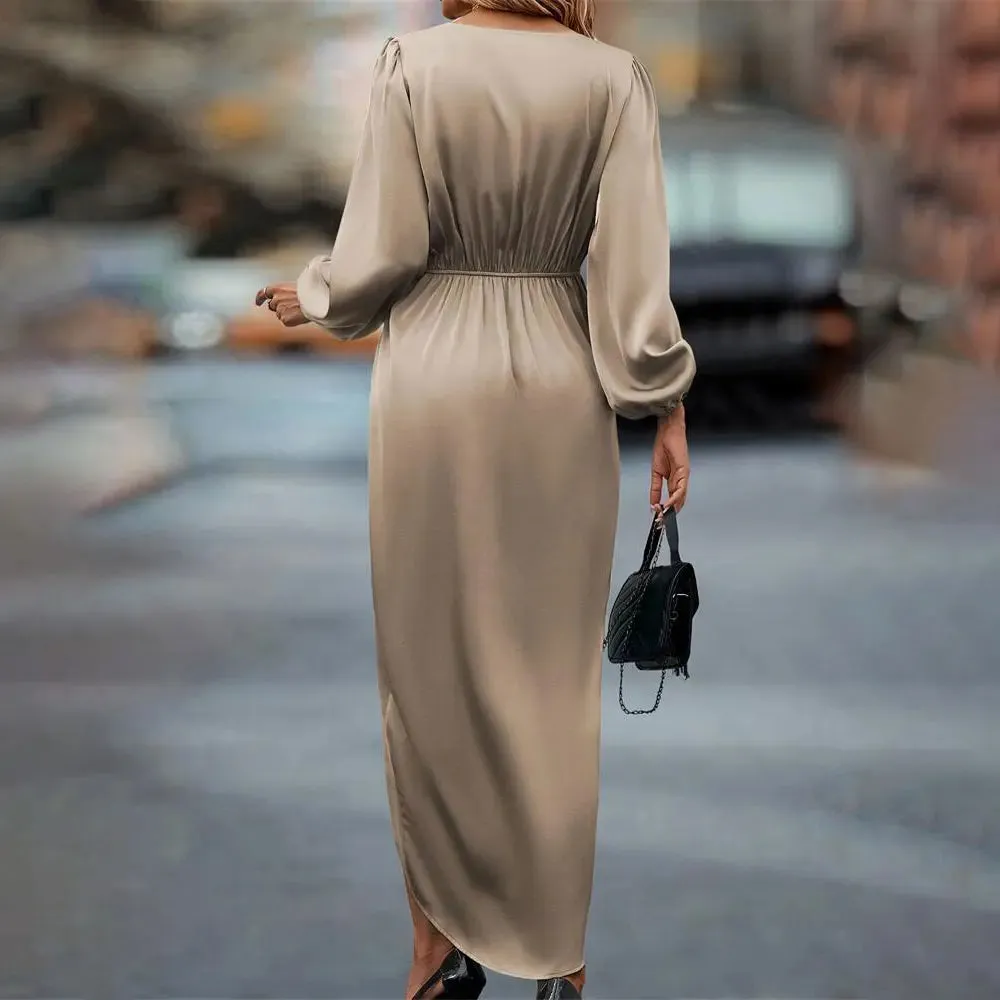 Women Maxi Satin Dress Solid Draped Silk V-Neck Long Sleeve
