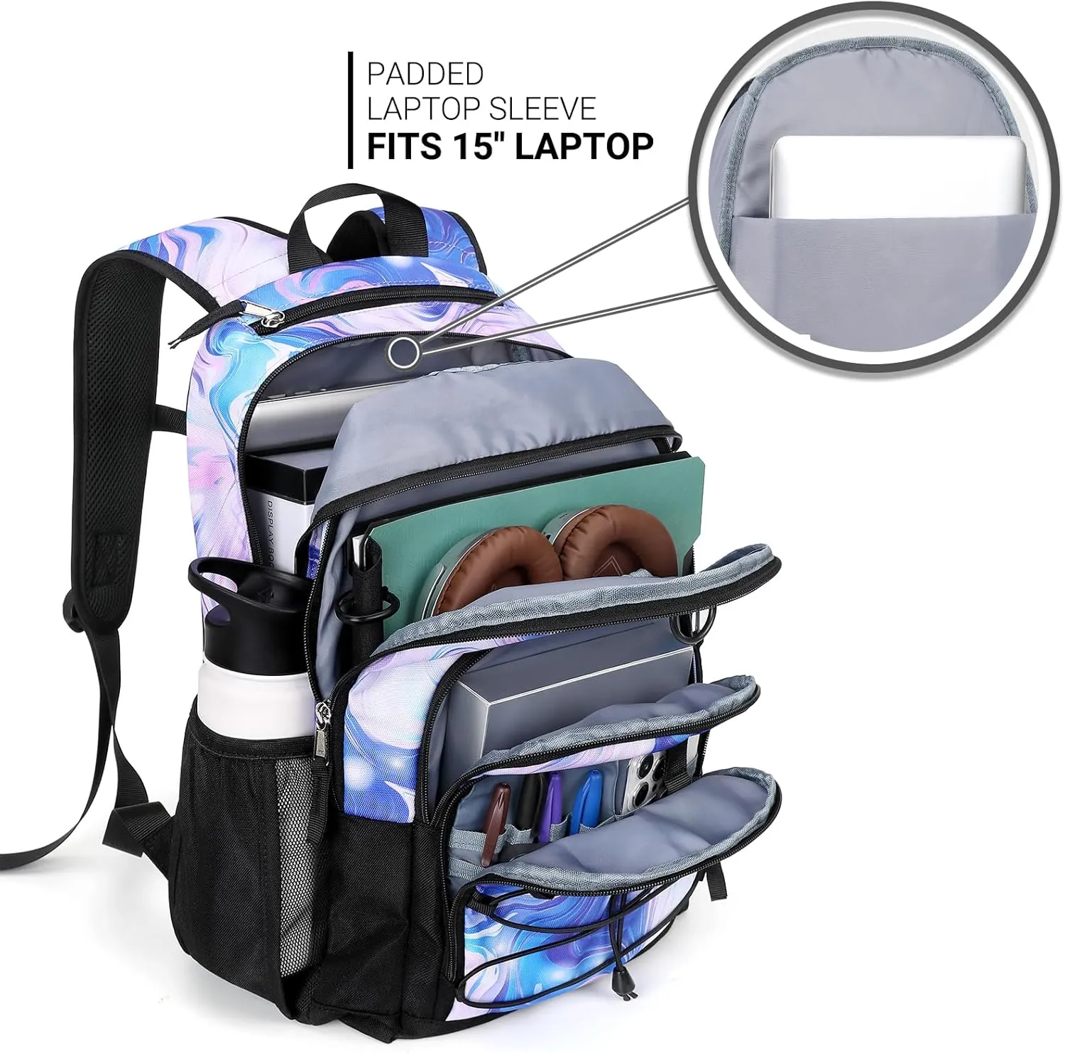 ZORFIN Backpack for School, Travel: Bookbag for Girls Boys - Kids Backpack with Multi Compartments - Purple Shine