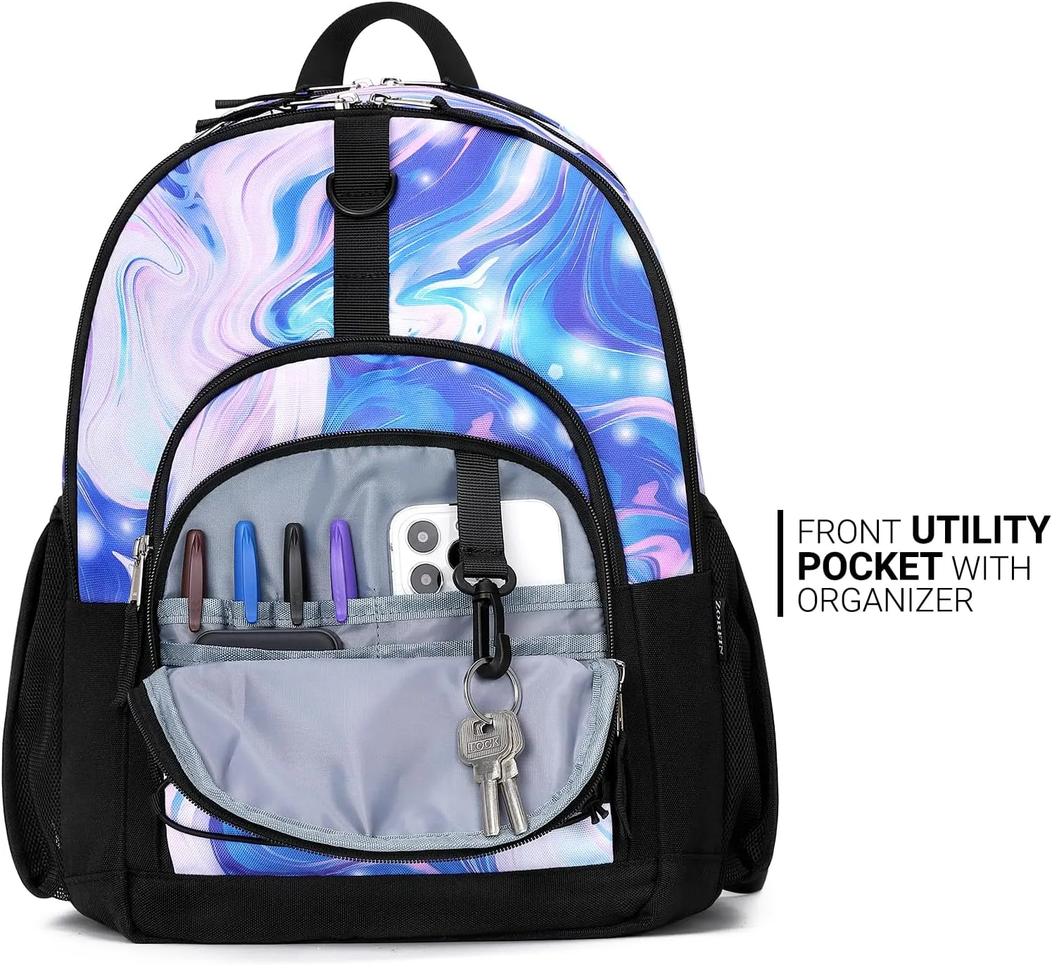 ZORFIN Backpack for School, Travel: Bookbag for Girls Boys - Kids Backpack with Multi Compartments - Purple Shine